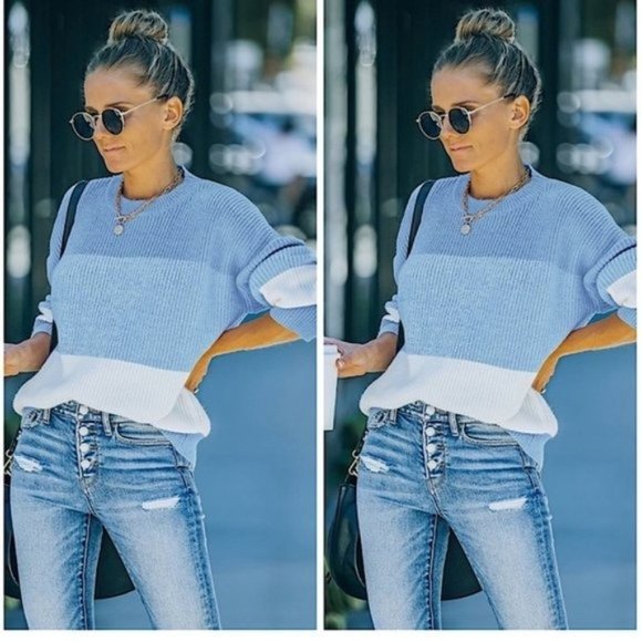 Penna&Pine Sweaters - Blue Color Block Striped Oversized Sweater